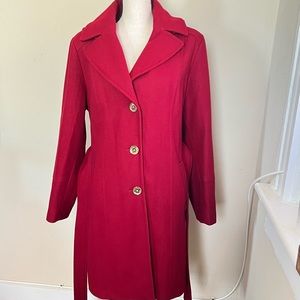 Michael Kors Wool Blend Red Pea Coat With Hood Buttons and Belt Woman’s XL